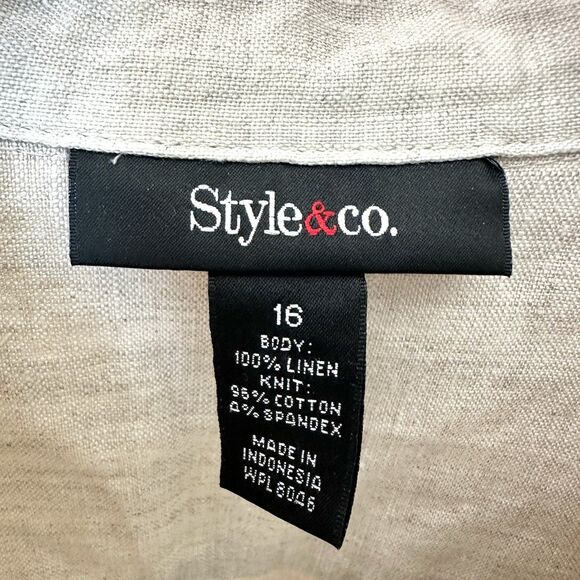 Style & Co Blouse Womens 16 Linen Button Up Short Sleeve Shirt Top Beige - Picture 2 of 6
